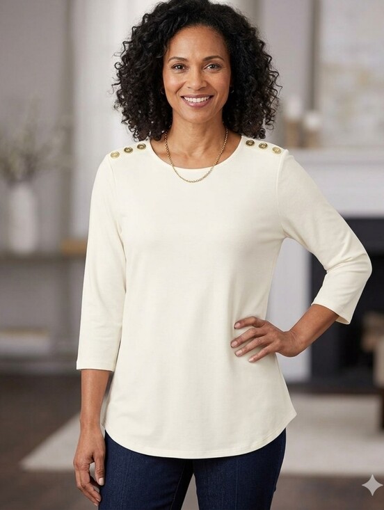 Kim Rogers Tops - NWT Kim Rogers 3/4 Sleeve Button Shoulder Top
